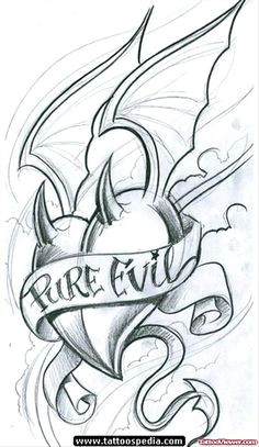 pure evil banner and winged devil heart tattoo design tattoo evil tattoos