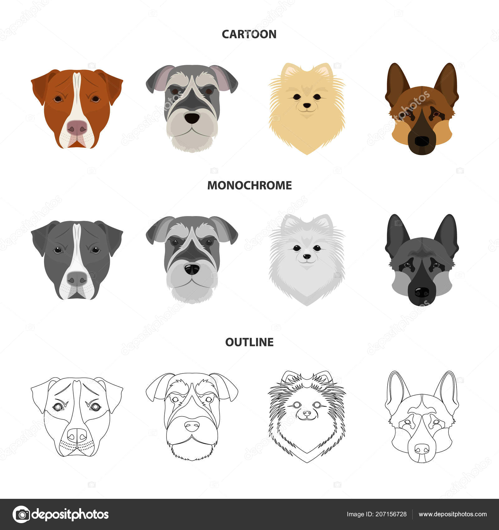 muzzle of different breeds of dogs dog breed stafford spitz risenschnauzer german shepherd set collection icons in cartoon outline monochrome style