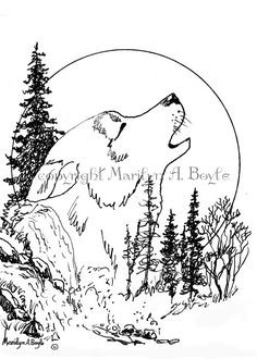 pen and ink print wolf howling moon wildlife by originalsandmore