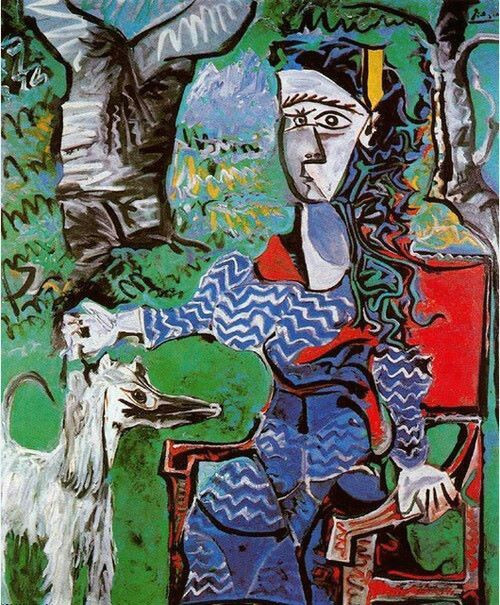 pablo picasso woman with dog under a tree 1961