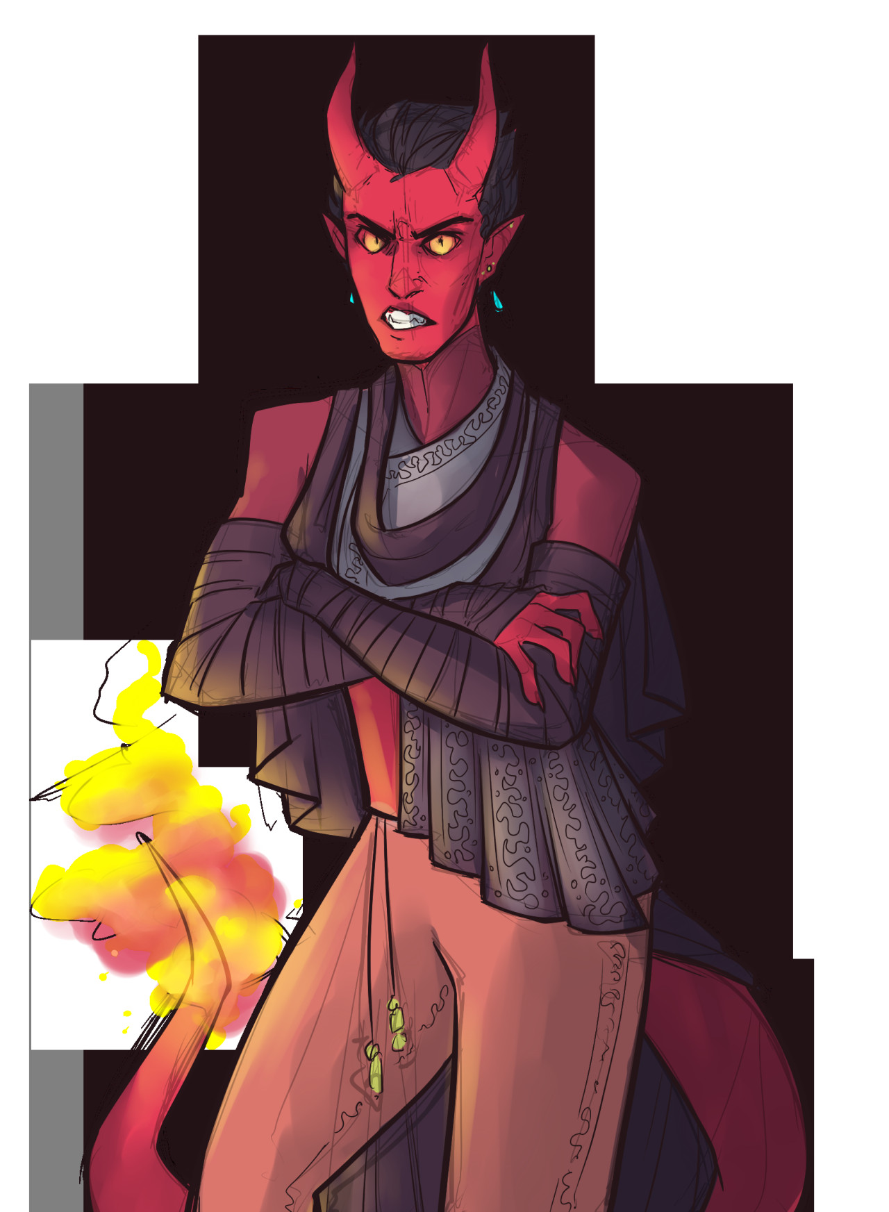 character illustration sketch commission for my roommate futchkurama of her awful hellchild tiefling sorcerer kohis tiefling sorcerer