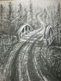 forest bridge original charcoal drawing on by orange flower original textured acrylic