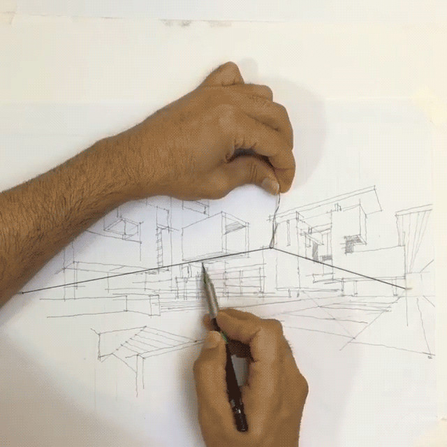 this quick video demonstrates how to use a long elastic string anchored at the horizon of a canvas to sketch a drawing with two point perspective