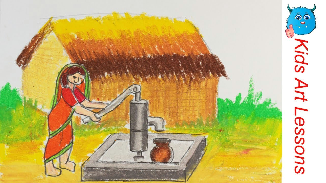 how to draw a village scenery of woman taking water from tube well easily step by step in pastel