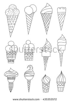 set of 12 hand drawn ice cream in cones elements for design