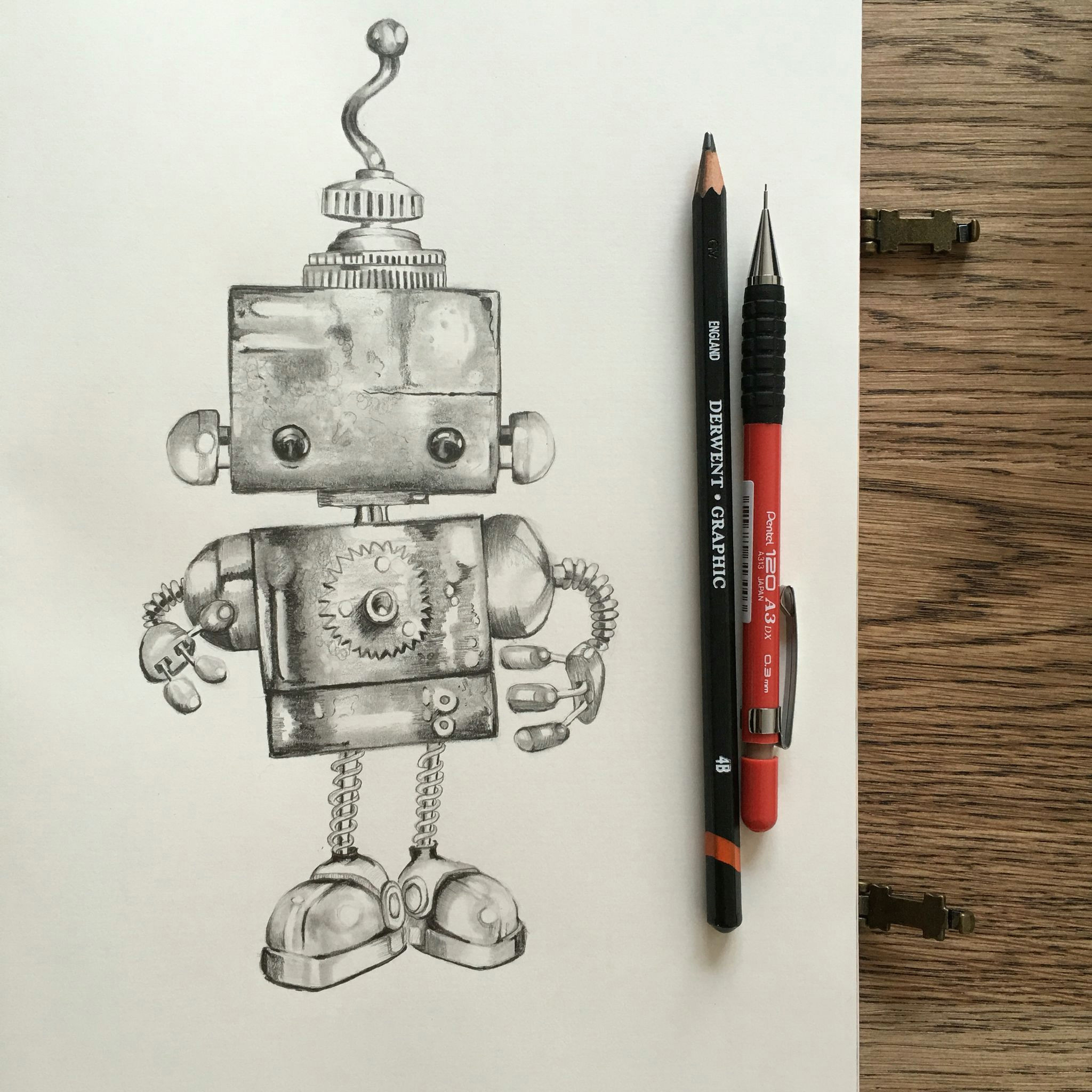 cute robot graphite pencil drawing