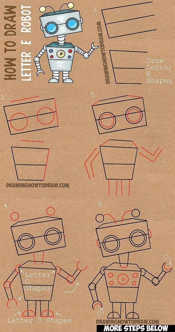 learn how to draw cartoon robots from letter e shape with simple steps lesson for kids
