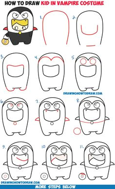 how to draw a kid in a halloween vampire costume cute kawaii easy step by step drawing tutorial for kids