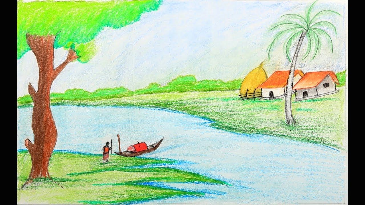 how to draw a village scenery step by step with oil pastel easy drawing tutorial