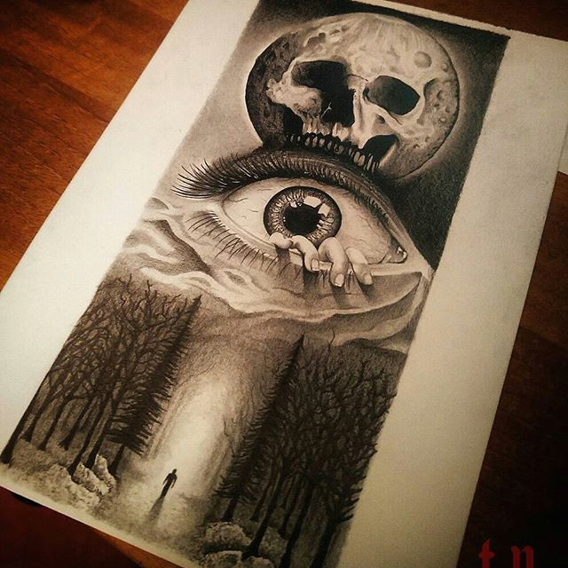 creepy forest tattoo idea man in the forest with creepy eye and skull moon black and white horror tattoo idea realistic horror pencil drawing