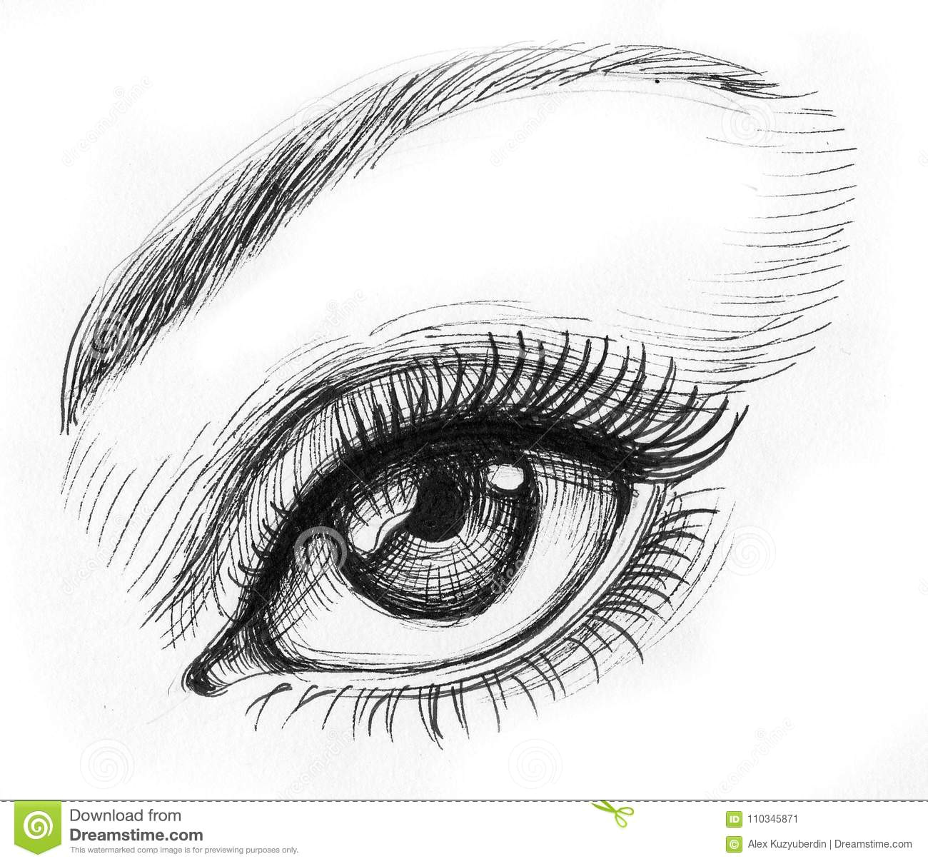 ink black and white illustration of a beautiful looking female eye with a long lashes