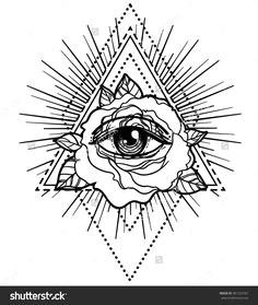 all seeing eye pyramid symbol with rose flower sacred geometry tattoo flash vector