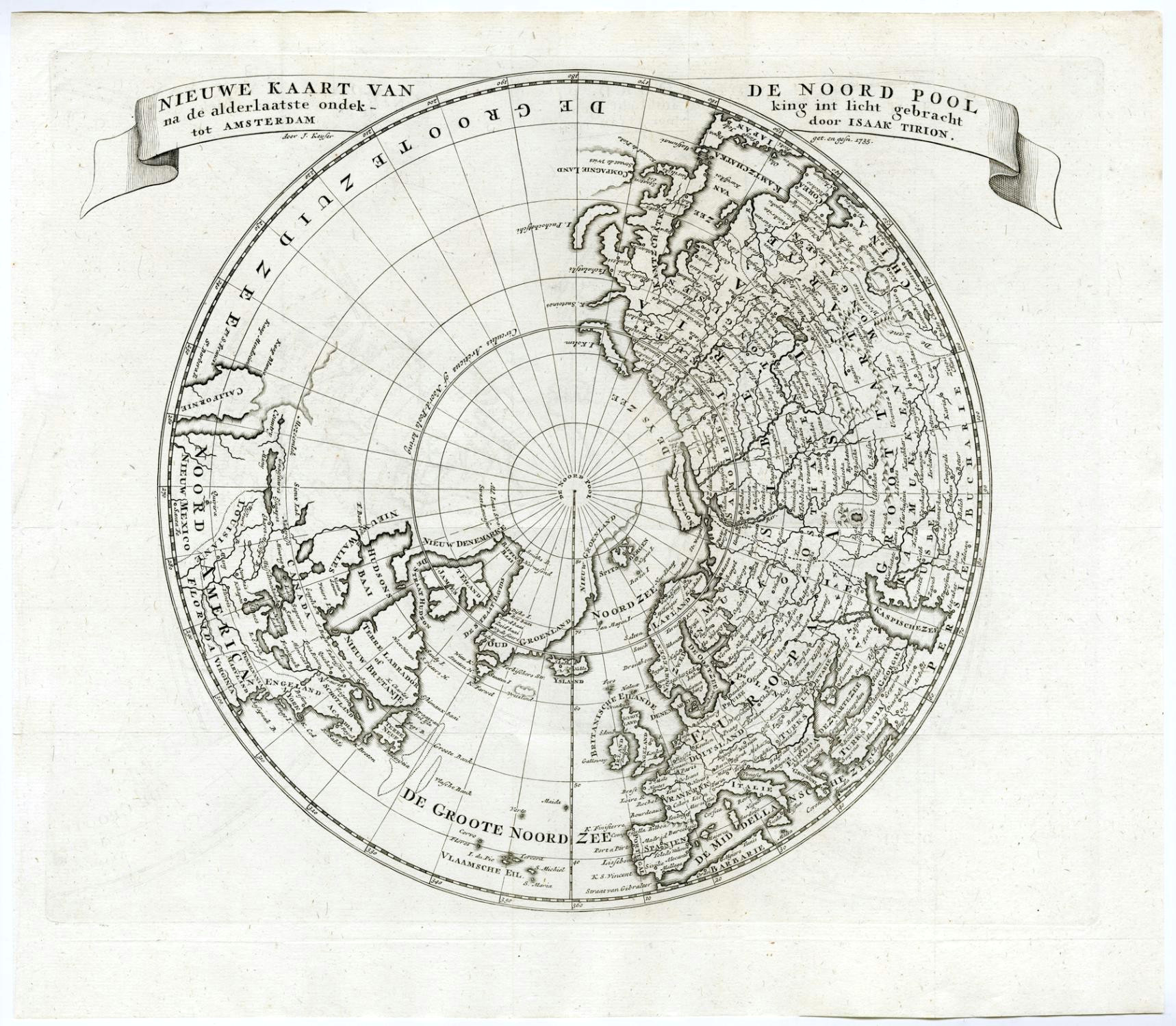 antique print north pole centric map canada russia keyser 1735