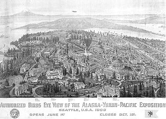 bird s eye view drawing of the alaska yukon pacific exposition 1909