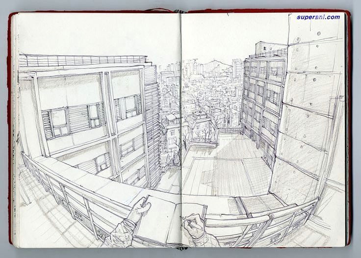 the world through the eyes of kim jung gi seoul illustration perspective drawing fisheye moleskine by kimjunggius