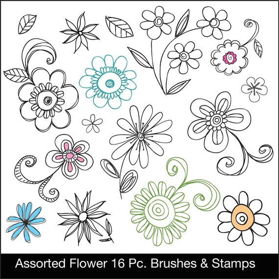 digital doodle clip art brushes and stamps 16 assorted flowers instant download personal and limi