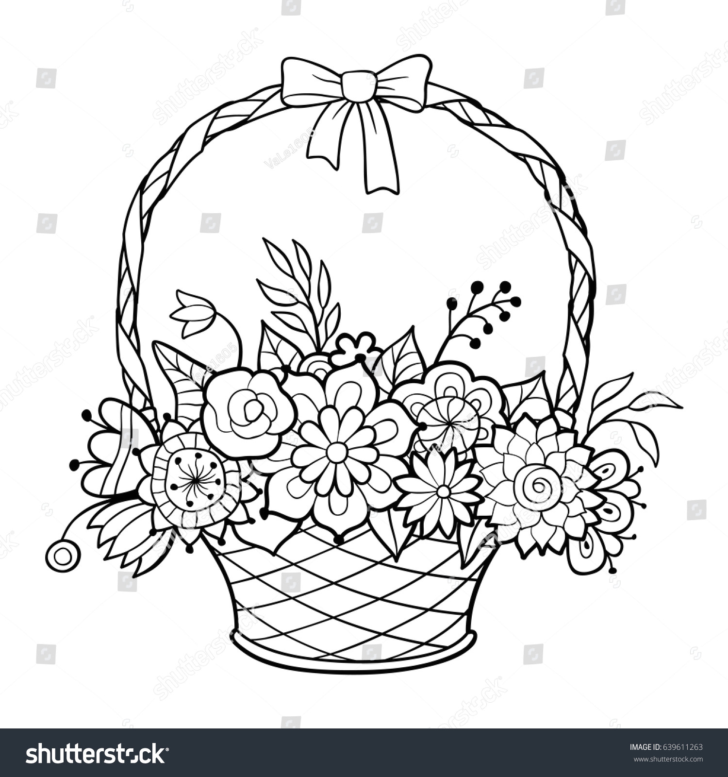 basket of flowers with handle decorated with ribbon and bow black and white outline vector
