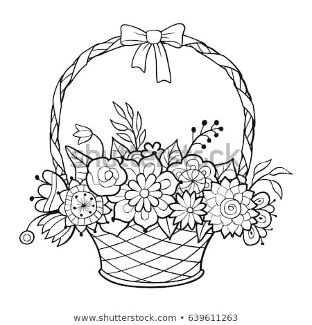 basket of flowers with handle decorated with ribbon and bow black and white outline vector