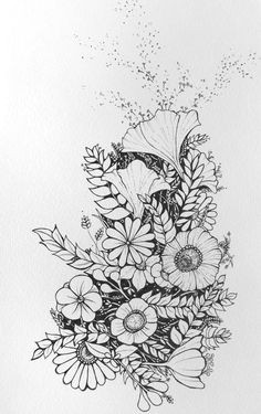floral flower drawing black and white illustration