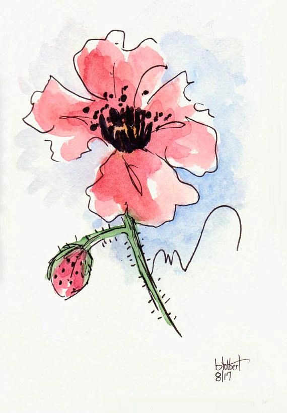 original artwork of a red poppy rendered in pen ink and watercolor it is titled red poppy with blue background and is signed and dated at the bottom