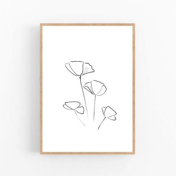 poppies line art flower print abstract floral wall decor minimalist art modern