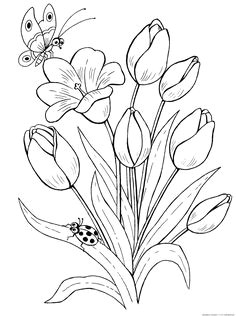 tulip flowers butterfly ladybug coloring page line art drawing b w image drawings to paint