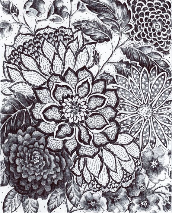 original ink drawing black lace black and white flowers hand drawn 8x10 flower art modern wall decor