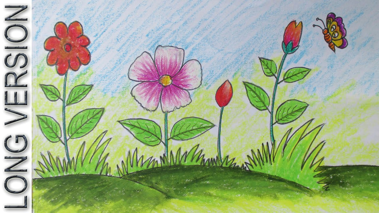 Drawing Flowers Year 1 How to Draw A Scenery with Flowers for Kids Long Version Youtube