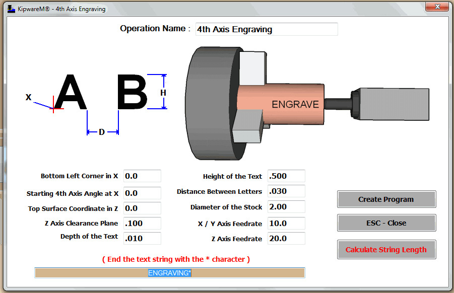 kipwarema will perform all the calculations and create the complete g code programming to engrave the text string along the od of the part including all x