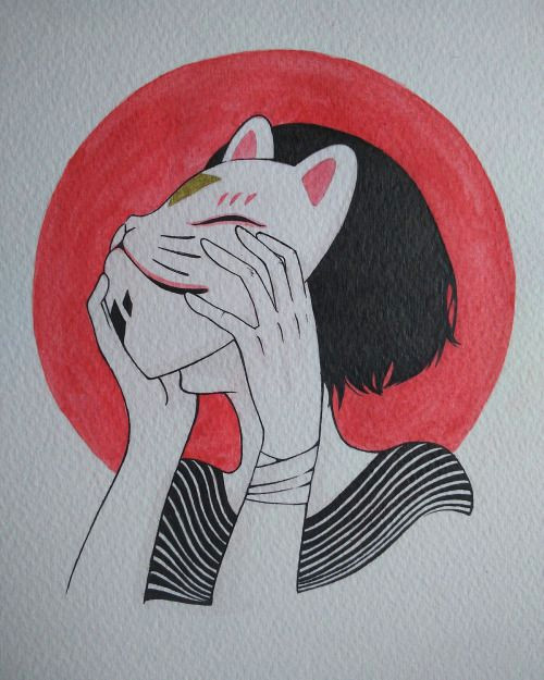 kitsune girl mask illustration watercolor japanese