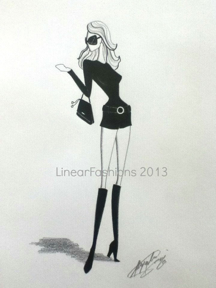 fashion illustration 1970s black jumpsuit and boots charlies angels style original pencil drawing
