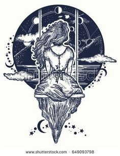 girl on swing flies to sky tattoo art symbol of dream love imagination adventures