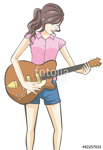 cartoon girl playing guitar in white isolated background