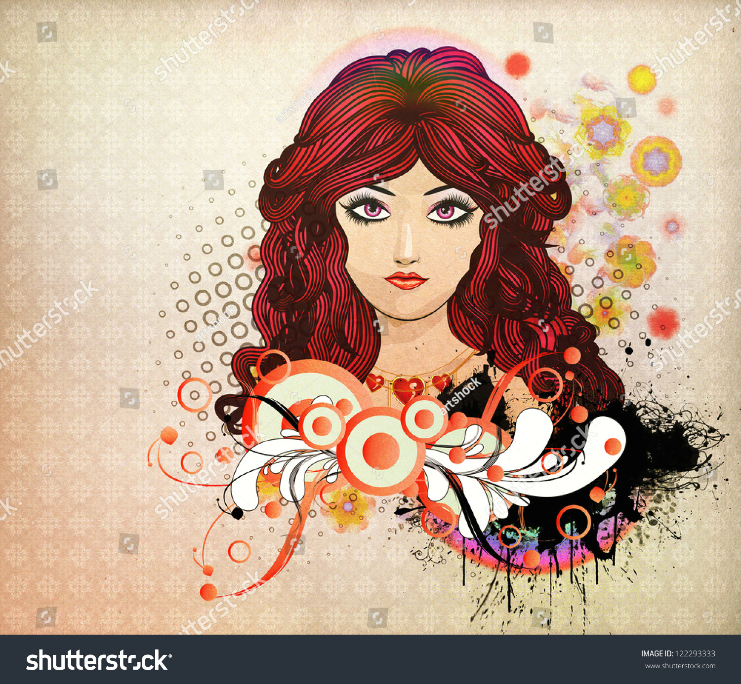 illustration of girl with red hair and flourish abstract background