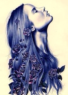 girl with long purple hair purple roses in hair art beautiful drawings of flowers