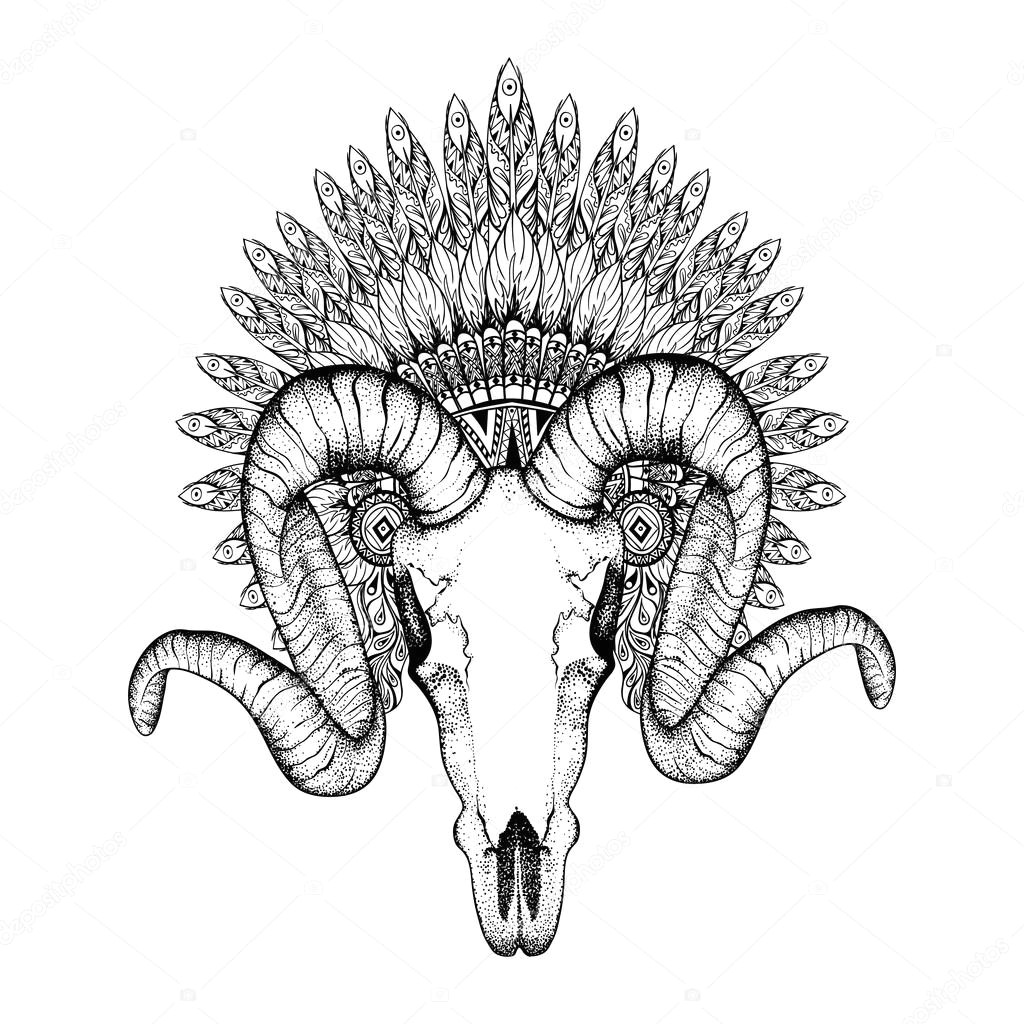 hand drawn goat skull in zentangle feathered war bonnet high datailed headdress for indian chief american boho spirit vintage sketch vector illustration