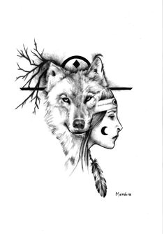 native american girl with wolf realistic tattoo design by mandira native tattoos wolf tattoos