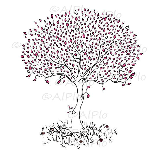 digital download landscape love tree floral drawing love amulet black pink yellow valentines day personal and small commertial use