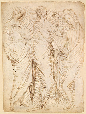 three standing figures recto seated woman and a male hermit in half