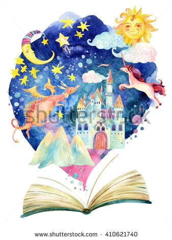 watercolor open book with magic world the fairy tale world in one book starry