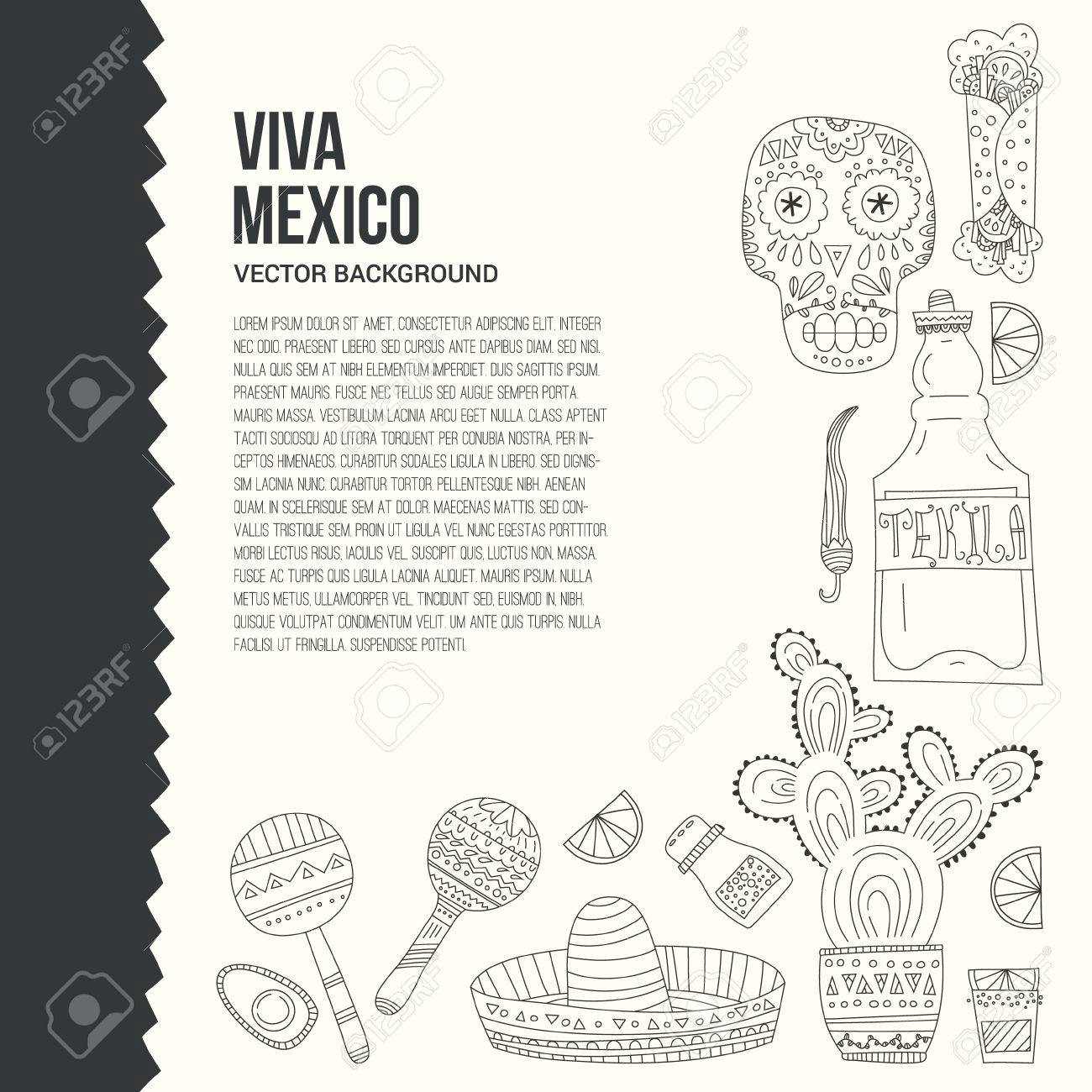 perfect hand drawn card template with mexican symbols avocado cactus skull guitar
