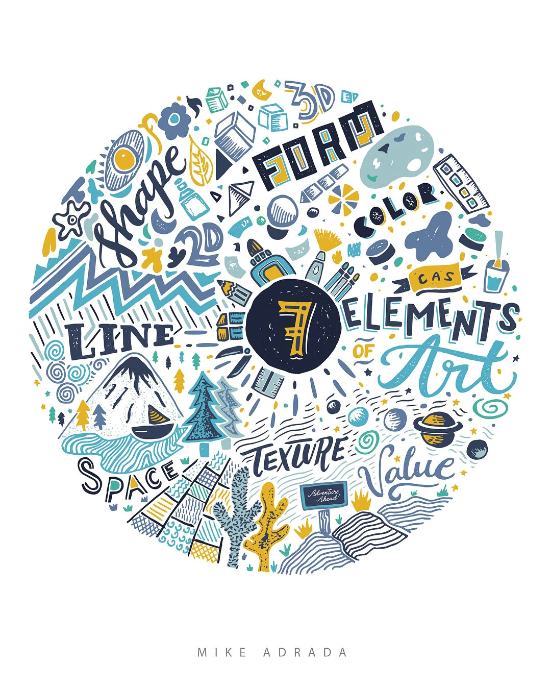 the 7 elements of art hand drawn hand lettered and digitzed in illustrator