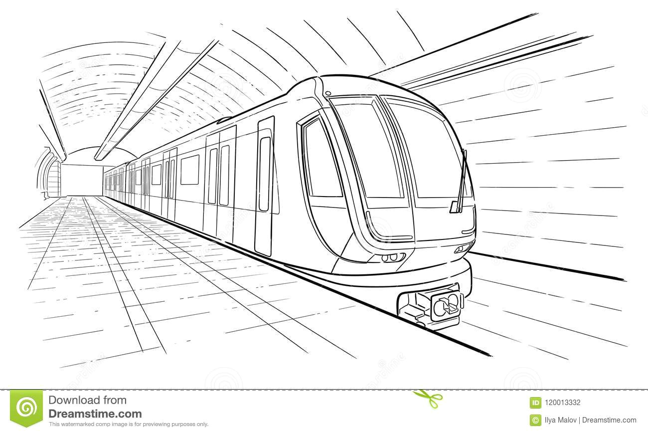 hand drawn ink line sketch subway station train in outline style perspective view