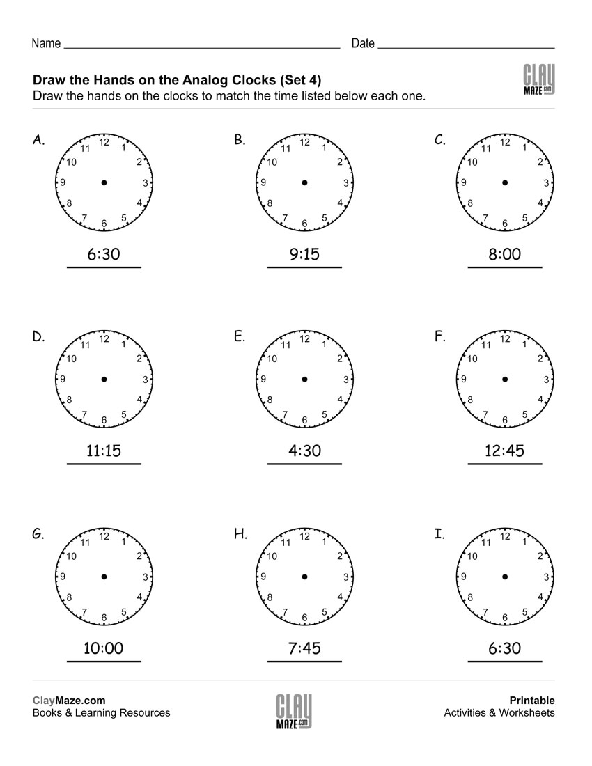 draw the hands on the analog clocks set 4