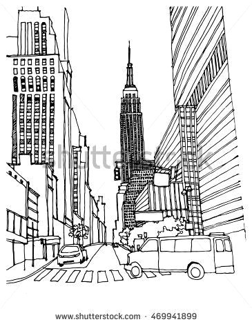 hand drawn ink line sketch new york city with empire state building buildings cars cityscape in outline style perspective view postcards design