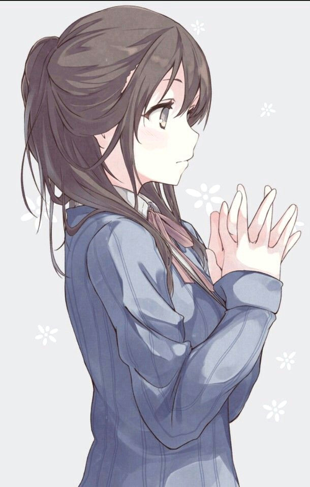 anime girl brown hair hazel eyes blue sweater kawaii