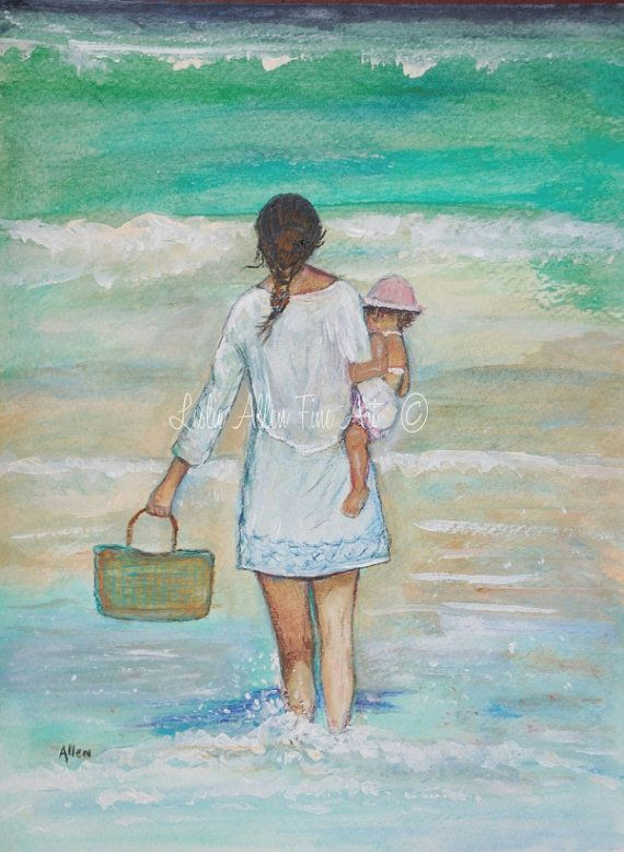 beach children art print mother children by leslieallenfineart