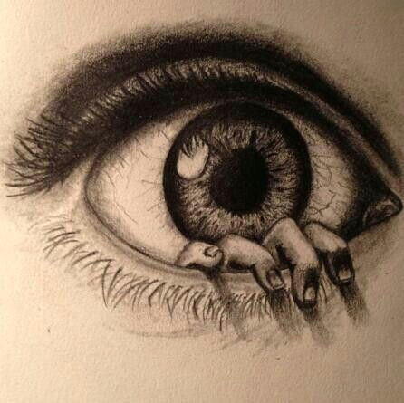 incredibly drawn eye with a hand coming out of it