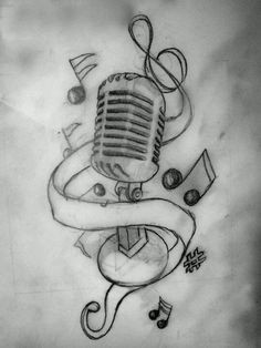 old microphone with music notes more drawing