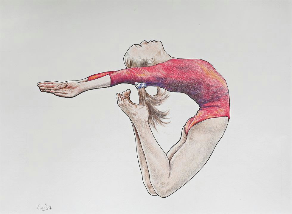 mixed media female gymnast 2 coloured pencils graphite ink 28 x 38 cms